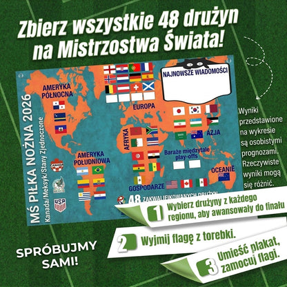 Plakat z terminarzem Mistrzostw Świata 2026 — wypełnij tabelę, obstawiaj zakłady, śledź cały turniej.