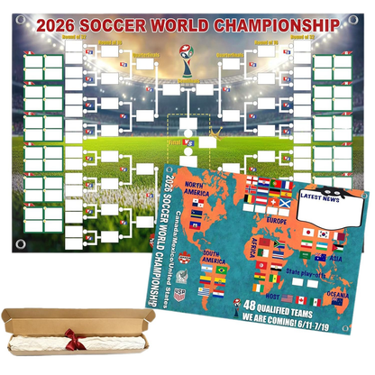 Plakat z terminarzem Mistrzostw Świata 2026 — wypełnij tabelę, obstawiaj zakłady, śledź cały turniej.