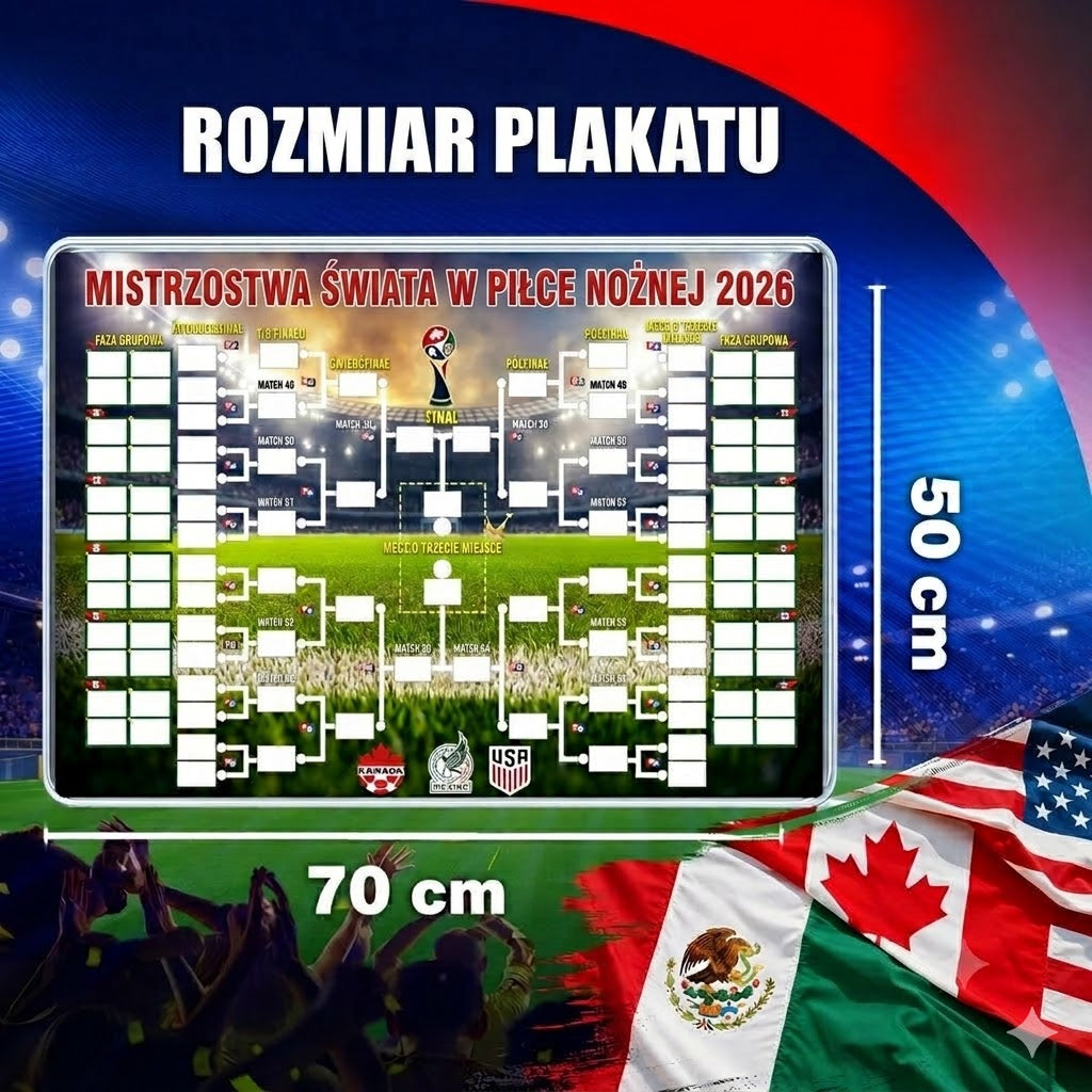 Plakat z terminarzem Mistrzostw Świata 2026 — wypełnij tabelę, obstawiaj zakłady, śledź cały turniej.