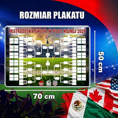 Plakat z terminarzem Mistrzostw Świata 2026 — wypełnij tabelę, obstawiaj zakłady, śledź cały turniej.