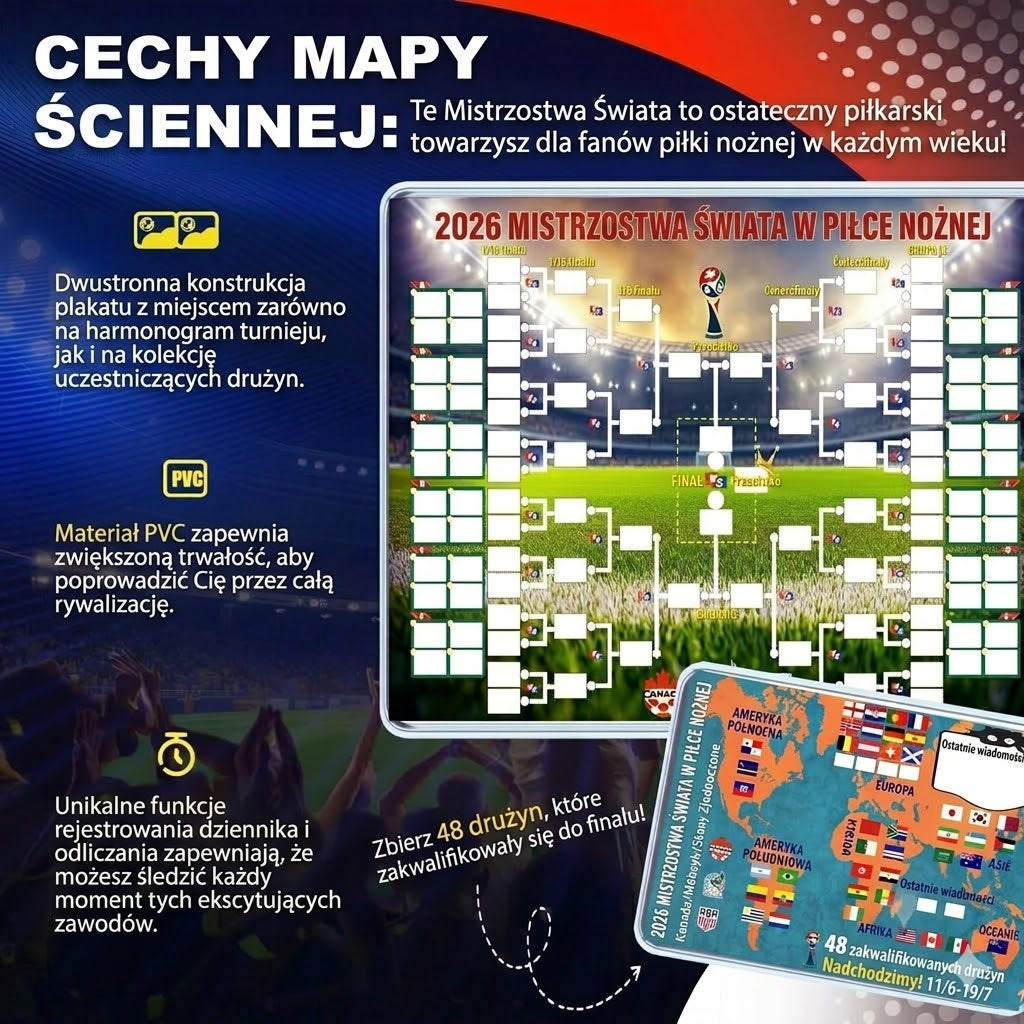 Plakat z terminarzem Mistrzostw Świata 2026 — wypełnij tabelę, obstawiaj zakłady, śledź cały turniej.