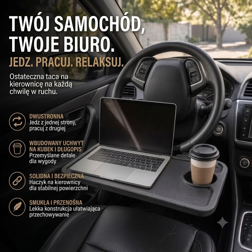 Dwustronna półka na kierownicę samochodową – stolik pod laptopa