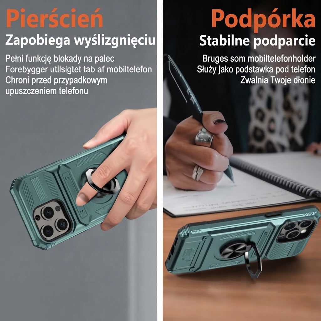 Wstrząsoodporne etui do iPhone'a z przegródką na karty i zintegrowanym uchwytem na ring