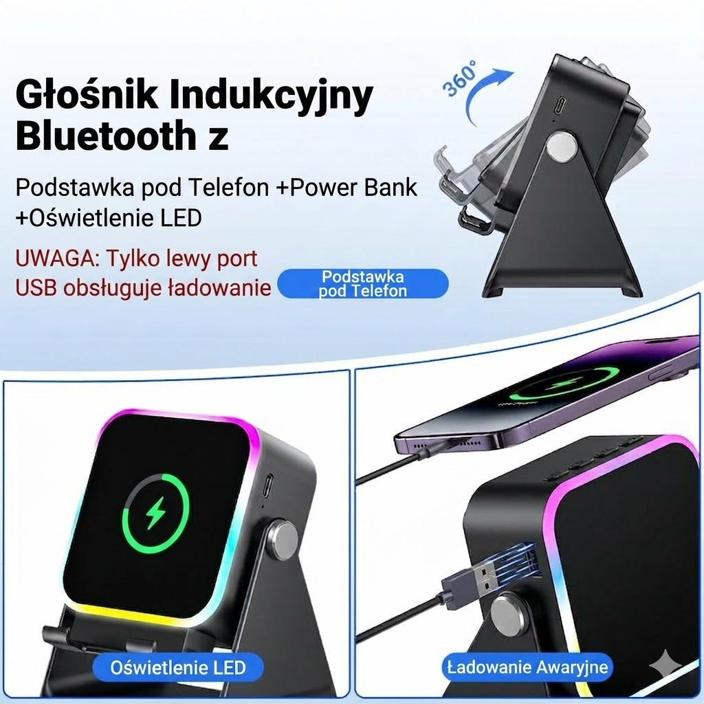 Bezprzewodowy głośnik indukcyjny z uchwytem na telefon