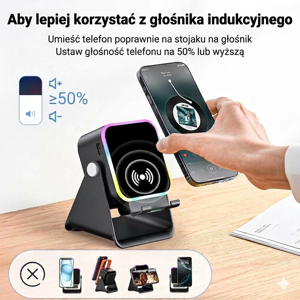 Bezprzewodowy głośnik indukcyjny z uchwytem na telefon