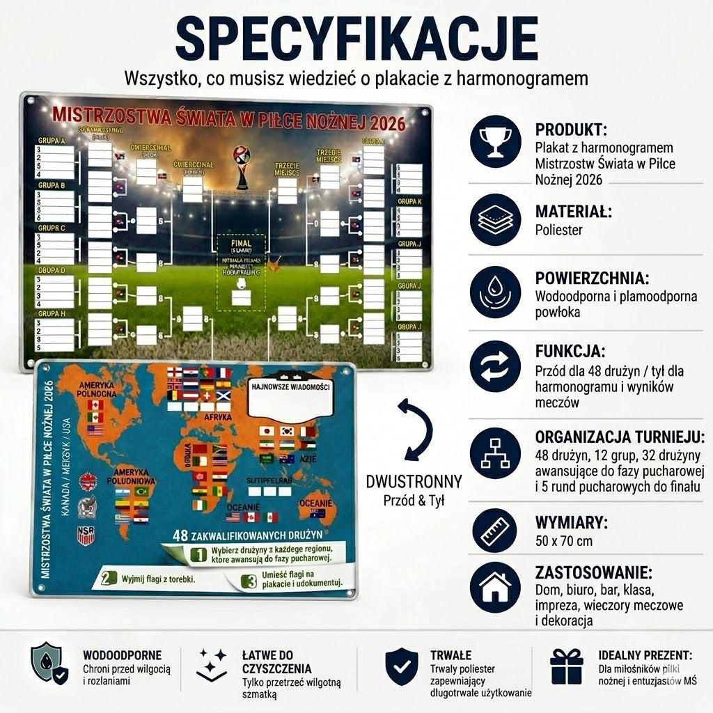 Plakat z terminarzem Mistrzostw Świata 2026 — wypełnij tabelę, obstawiaj zakłady, śledź cały turniej.