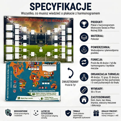 Plakat z terminarzem Mistrzostw Świata 2026 — wypełnij tabelę, obstawiaj zakłady, śledź cały turniej.