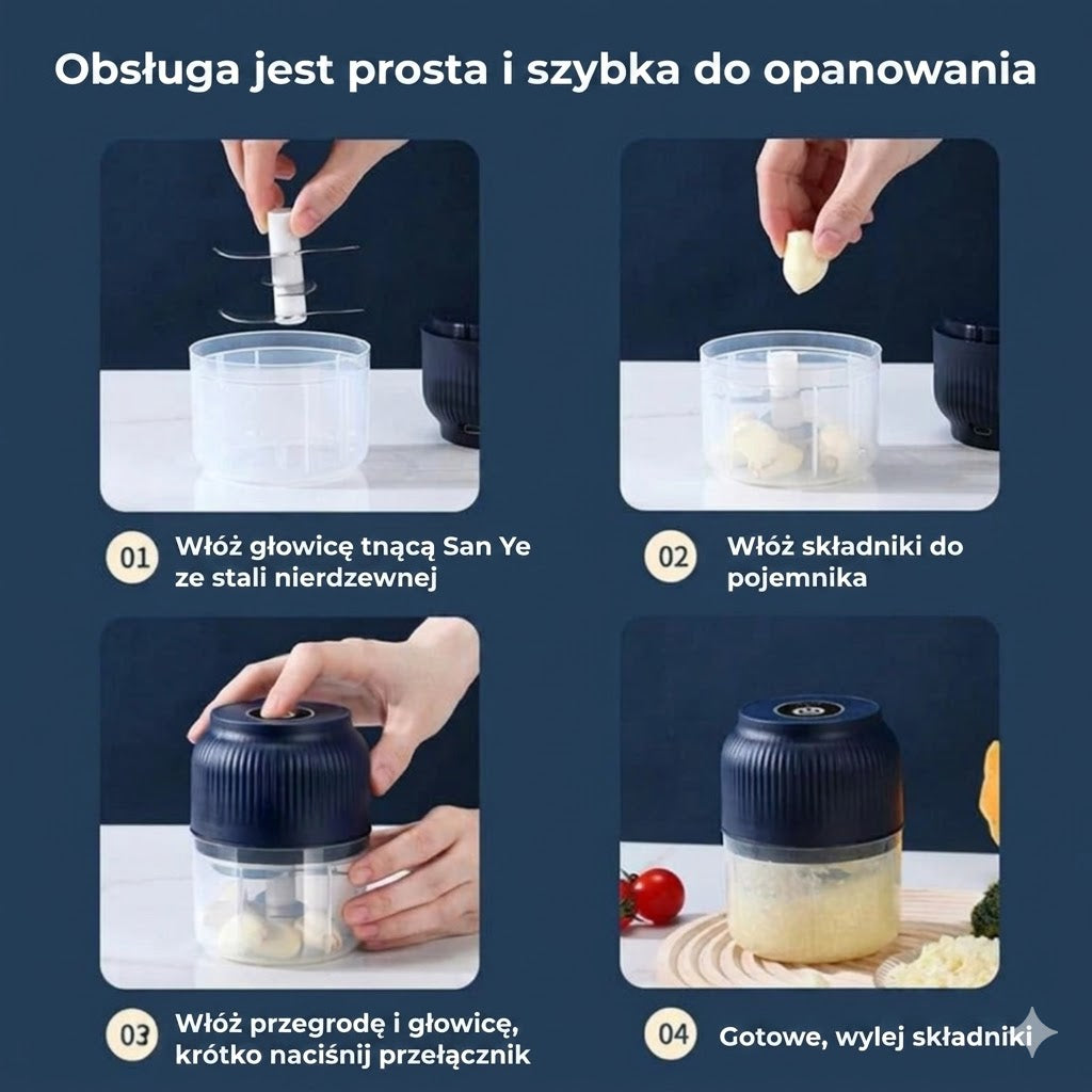 Bezprzewodowy mini rozdrabniacz – elektryczny malakser do czosnku i cebuli – ładowanie przez USB