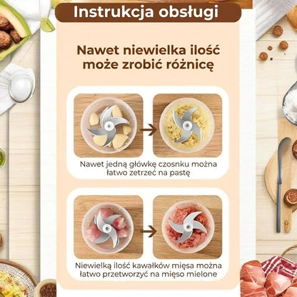 Bezprzewodowy mini rozdrabniacz – elektryczny malakser do czosnku i cebuli – ładowanie przez USB