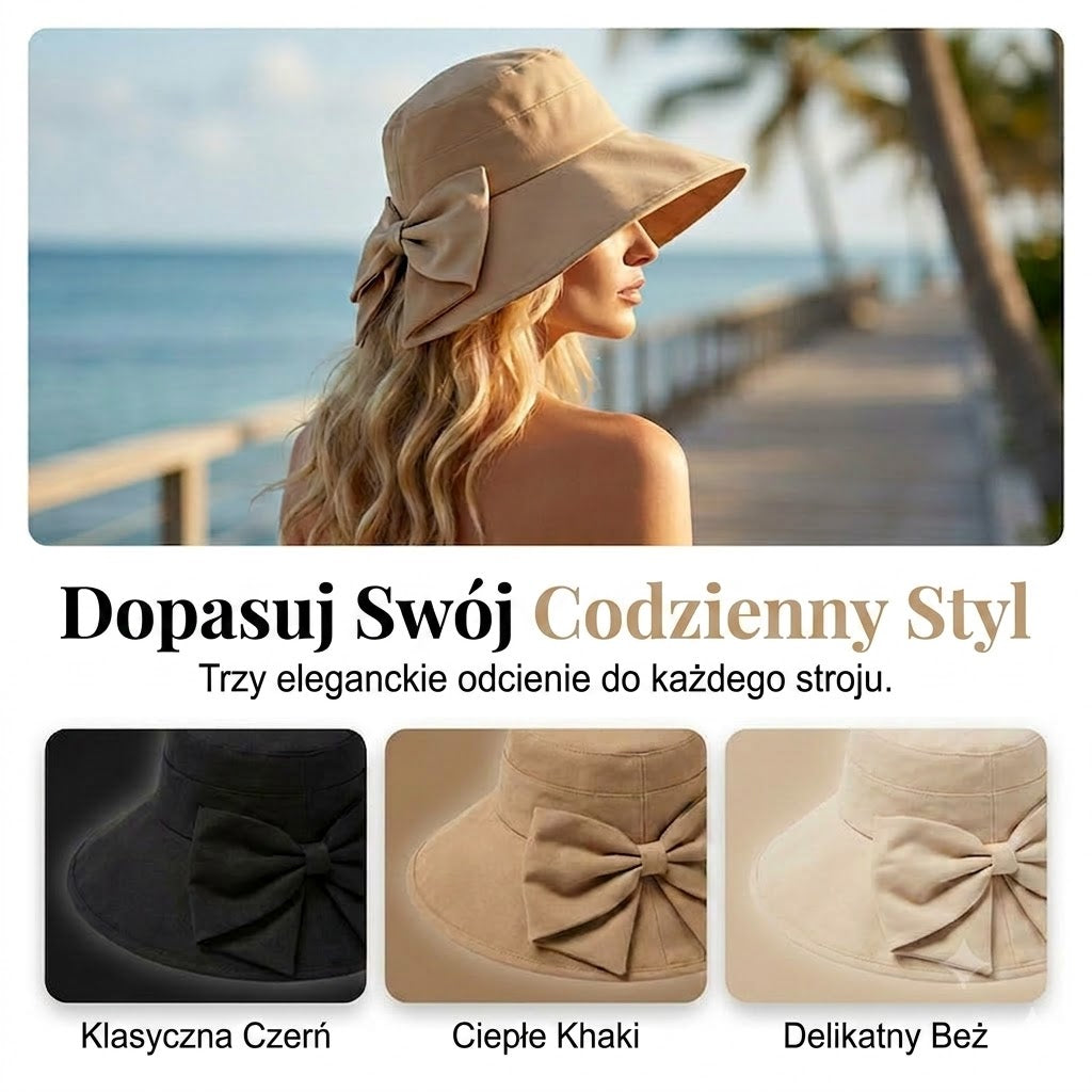 🎀 Damski kapelusz przeciwsłoneczny z szerokim rondem i kokardą – składany