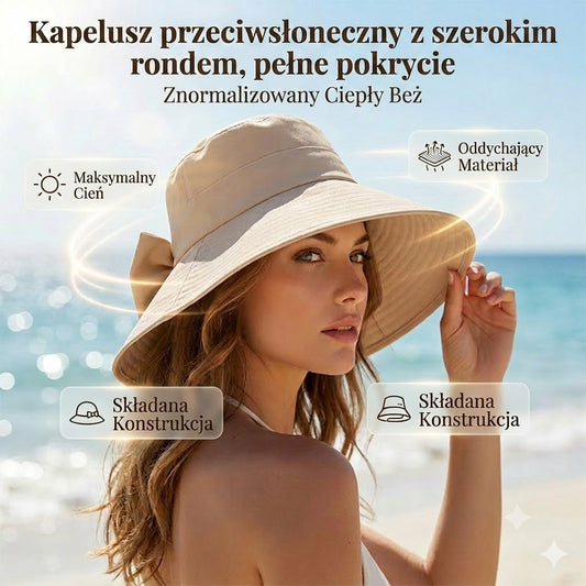 🎀 Damski kapelusz przeciwsłoneczny z szerokim rondem i kokardą – składany