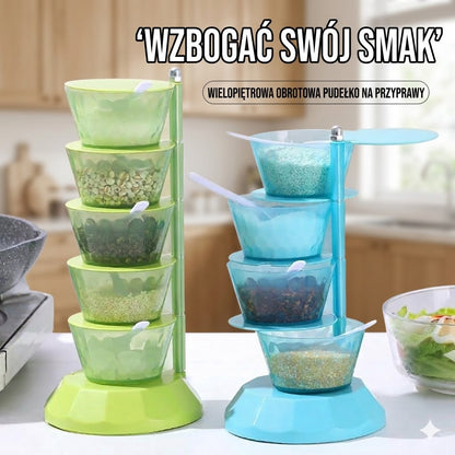 Zestaw obrotowych pojemników na przyprawy 360° – Kompaktowy organizer na blat kuchenny – Łyżeczki w zestawie