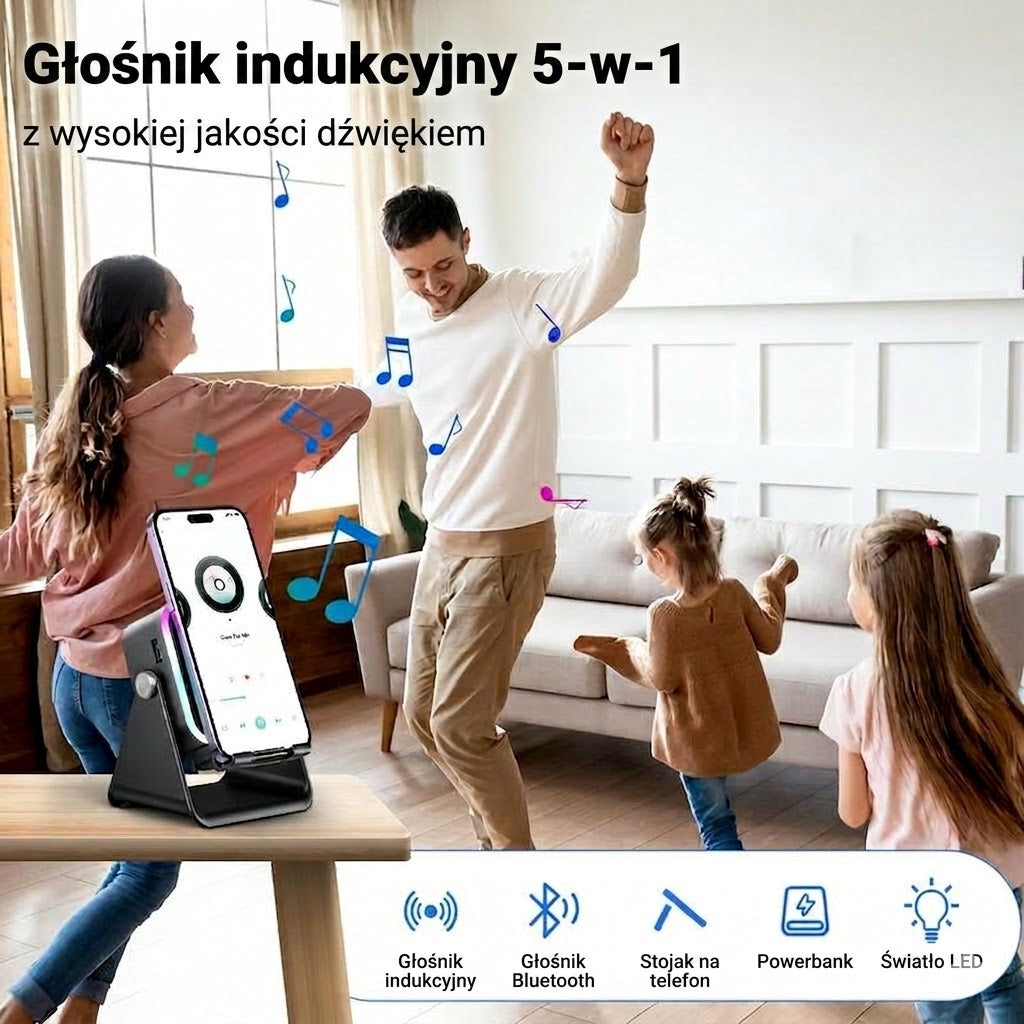 Bezprzewodowy głośnik indukcyjny z uchwytem na telefon