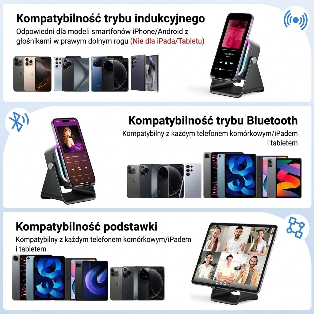 Bezprzewodowy głośnik indukcyjny z uchwytem na telefon