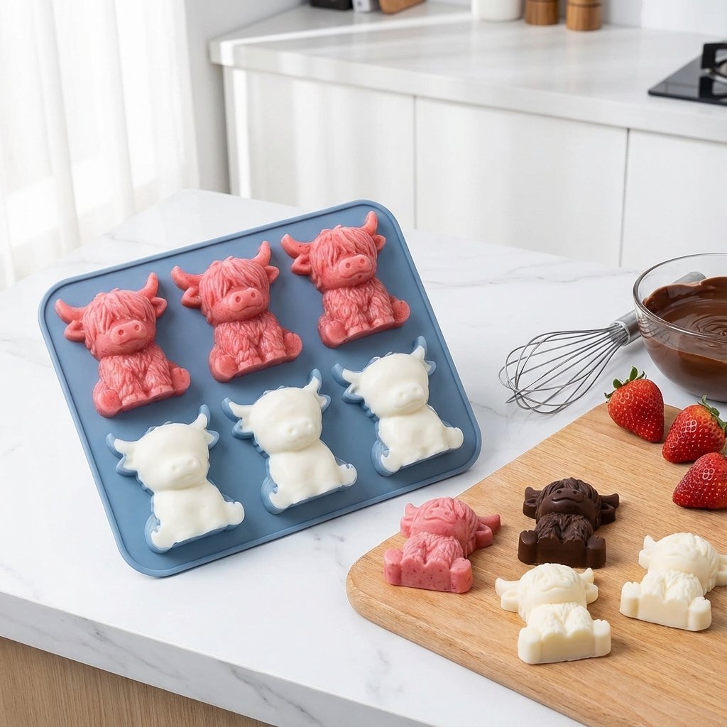 🐮 Mini szkocka krowa wyżynna – silikonowa forma do lodu 3D
