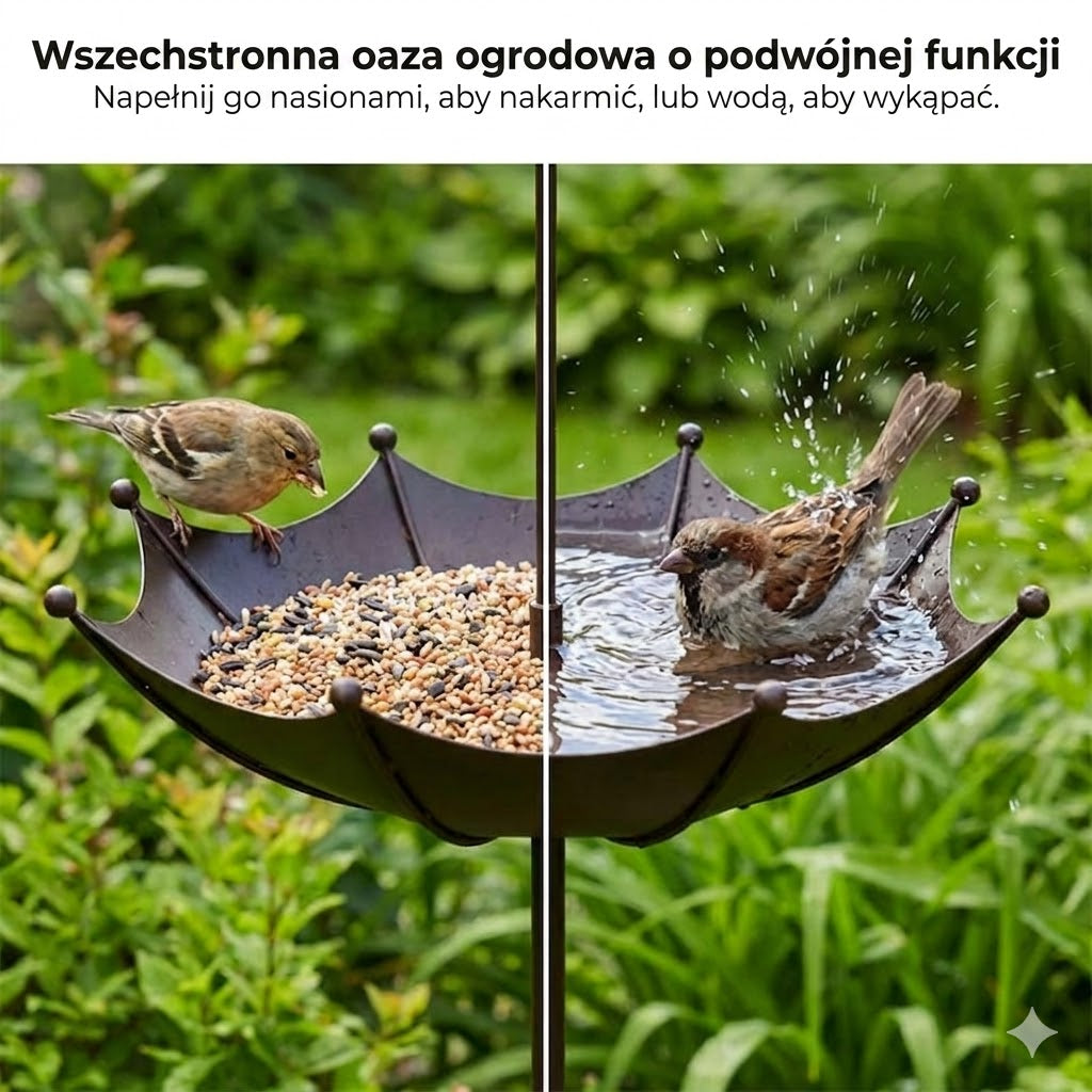 Wiszący karmnik dla ptaków i poidełko – Karmnik silosowy w kształcie parasola – Stacja karmienia 2 w 1