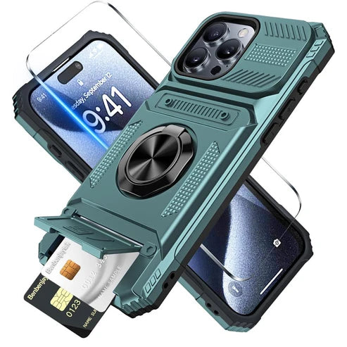 Wstrząsoodporne etui do iPhone'a z przegródką na karty i zintegrowanym uchwytem na ring