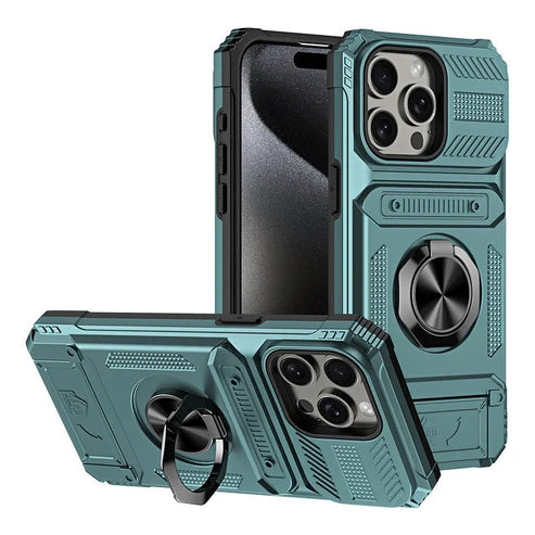 Wstrząsoodporne etui do iPhone'a z przegródką na karty i zintegrowanym uchwytem na ring
