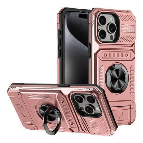 Wstrząsoodporne etui do iPhone'a z przegródką na karty i zintegrowanym uchwytem na ring