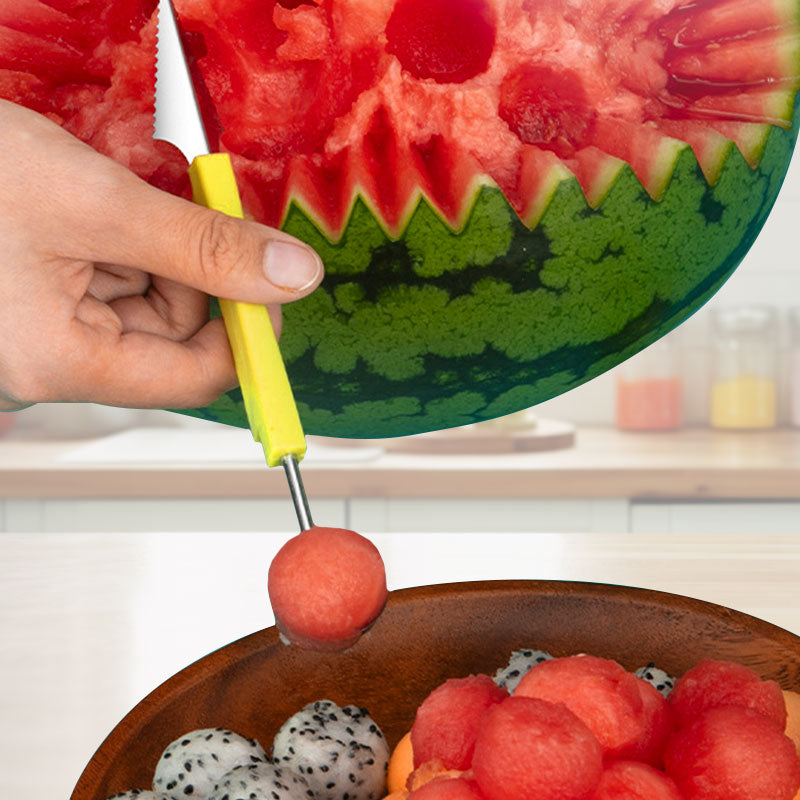 Zestaw 3 w 1 ze stali nierdzewnej: drążacz do melonów i łyżka